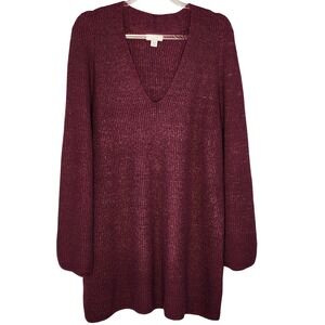 Pure Jill Cranberry Knit Sweater Dress Long Sleeve V Neck Casual Oversize Medium